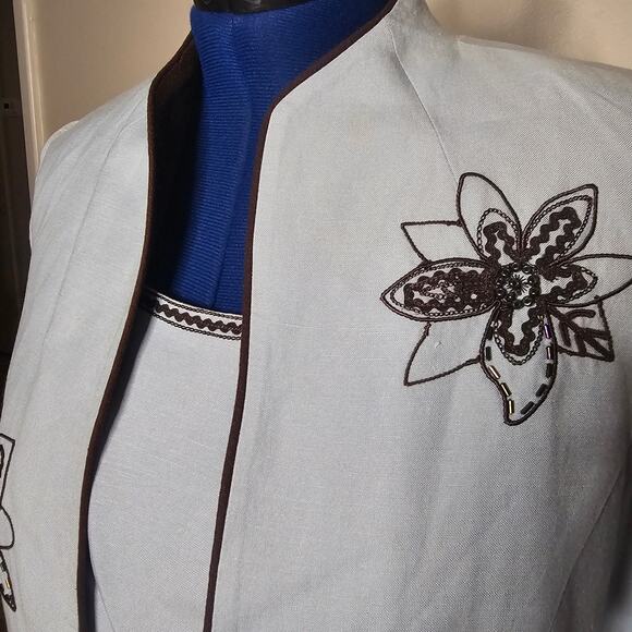 Positive Attitude 2pc Baby Blue Tank Top Linen Jacket Brown Embroi Beaded Flower - Picture 2 of 15